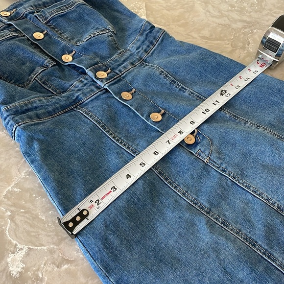 Blue jeans mini dress gold tone button front paneled a little stretch high waist - Picture 10 of 14